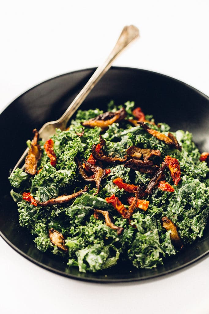 Marinated Kale Caesar Salad with Crispy Shiitake Bacon | Vegan