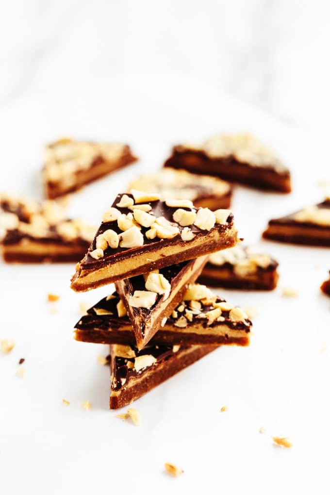 Chewy Caramel, Peanut Butter, and Chocolate Candy Bark | These vegan treats are reminiscent of everyone's favorite candy bar!