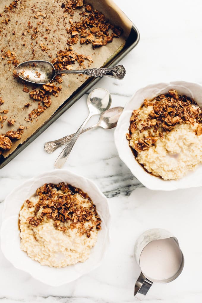 Maple Millet Porridge with Candied Coconut-Walnut Topping