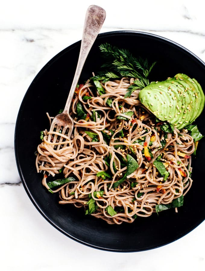 soba noodles with carrot ribbons and miso glaze from this raw