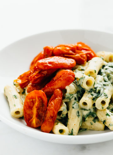 Zesty Cilantro Cream Pasta with Roasted Paprika Tomatoes (Vegan)