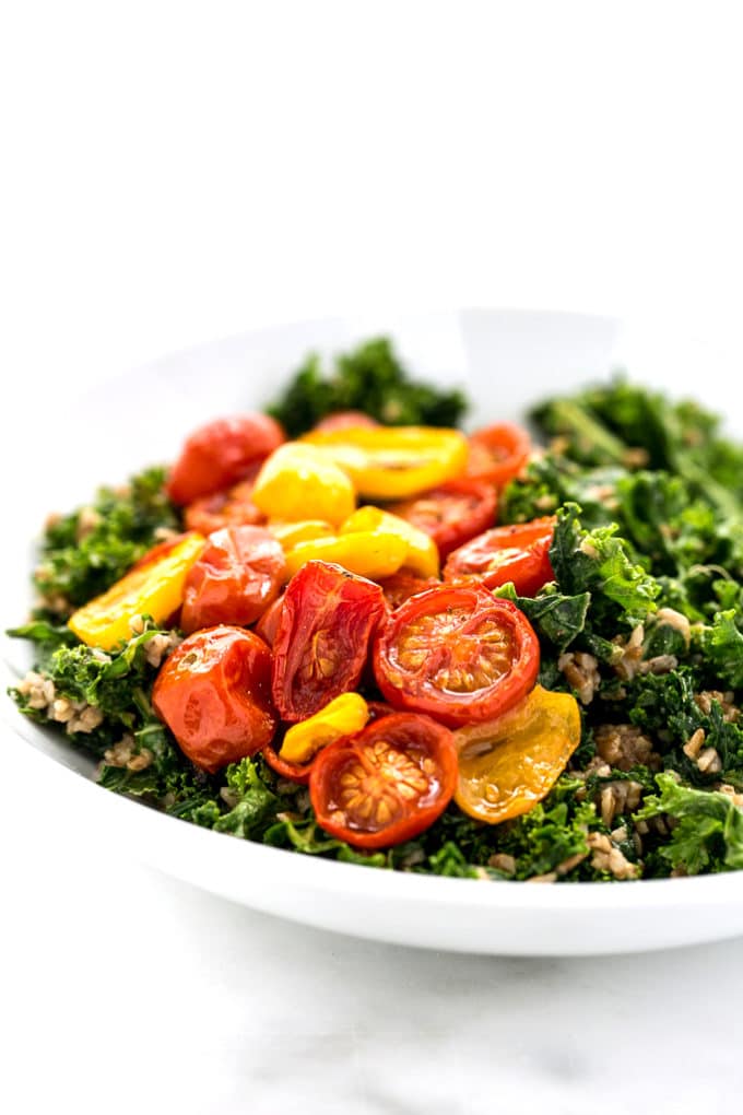 Balsamic Marinated Kale Salad with Bulgar and Roasted Tomatoes