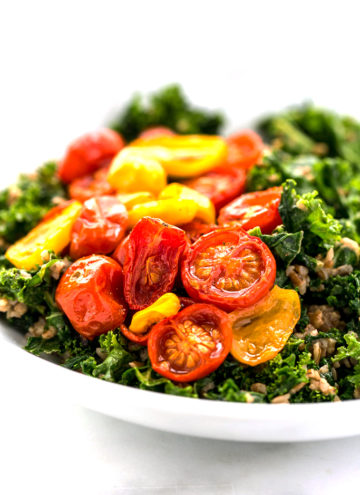 Balsamic Marinated Kale Salad with Bulgar and Roasted Tomatoes