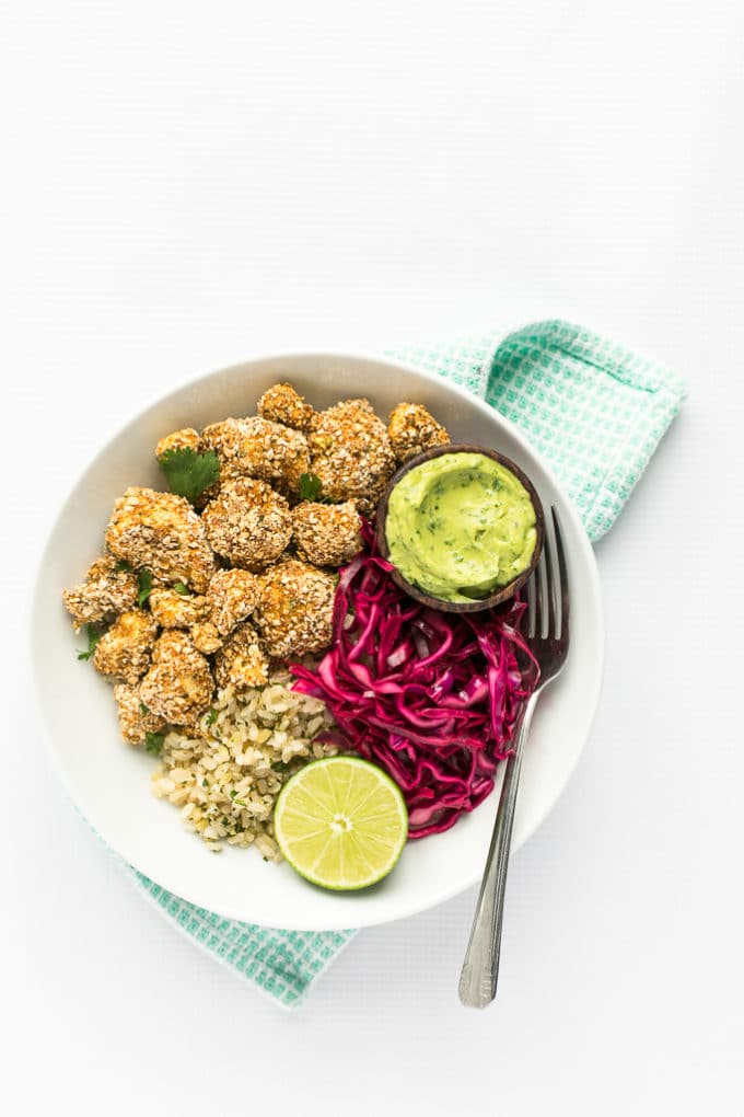 Crispy Cauliflower Power Bowls with Cilantro-Lime Rice