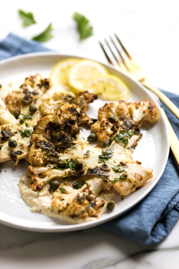 Roasted Lemon Caper Cauliflower Steaks with Creamy Horseradish Sauce