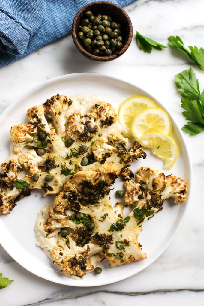 Roasted Lemon Caper Cauliflower Steaks with Creamy Horseradish Sauce