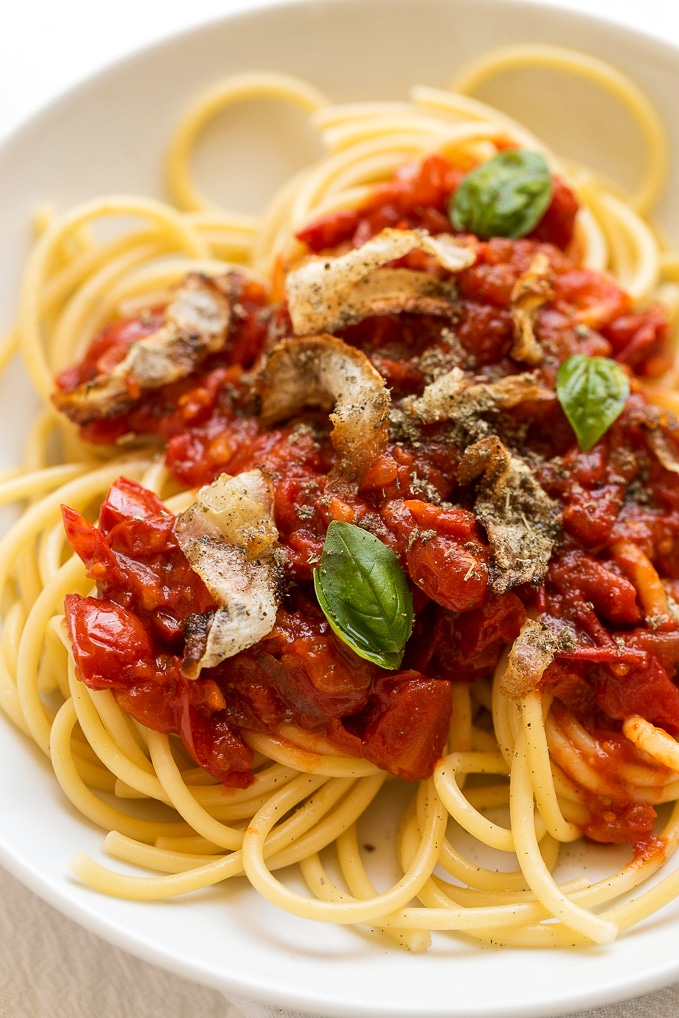 Summer Bucatini all'Arrabbiata with Daikon Crisps | Vegan