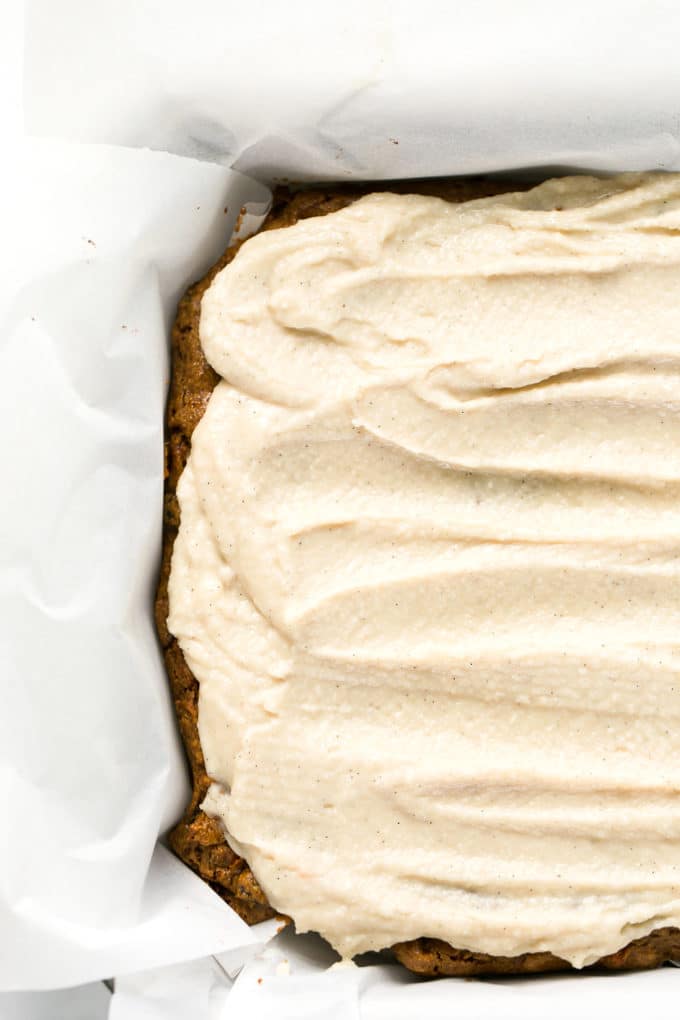 Carrot Cake Blondies with Vanilla Cashew-Coconut Icing (Vegan, GF)