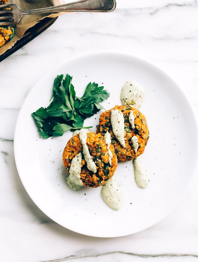 Carrot-Lentil Cakes with Garlic-Herb Tahini Sauce