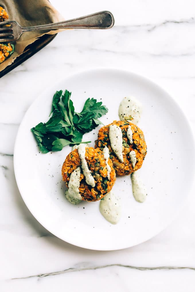 Carrot-Lentil Cakes with Garlic-Herb Tahini Sauce