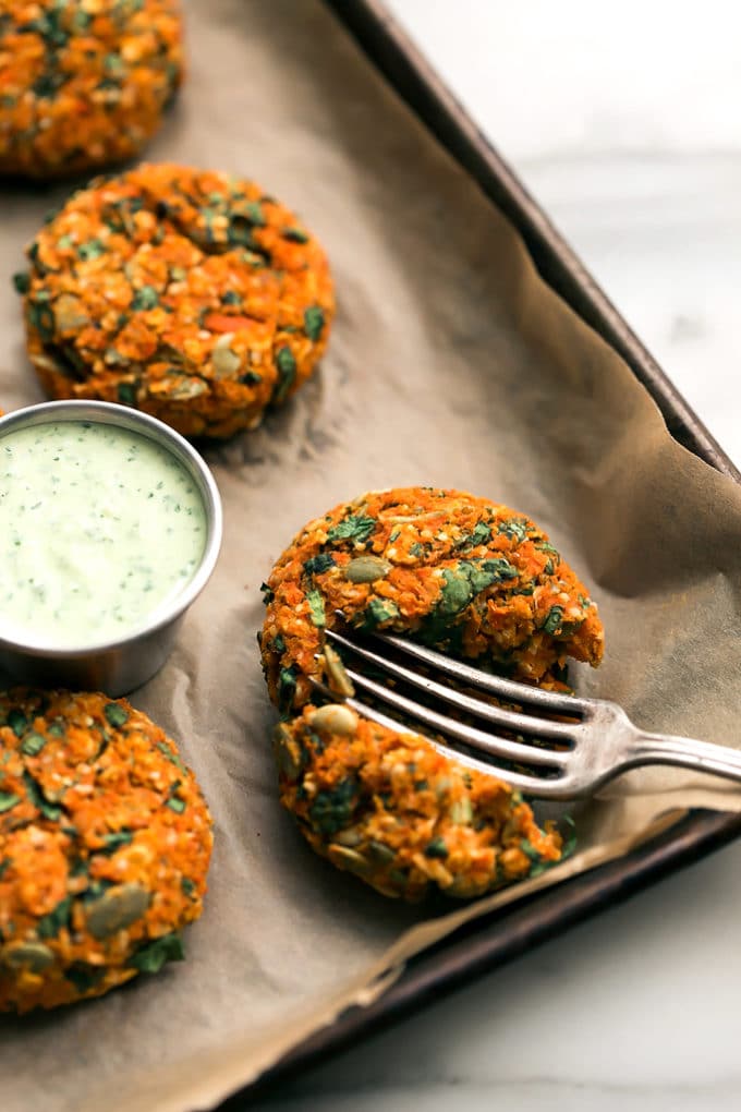 Carrot-Lentil Cakes with Garlic-Herb Tahini Sauce