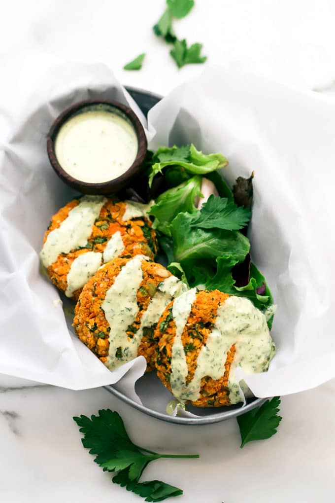 Carrot-Lentil Cakes with Garlic-Herb Tahini Sauce