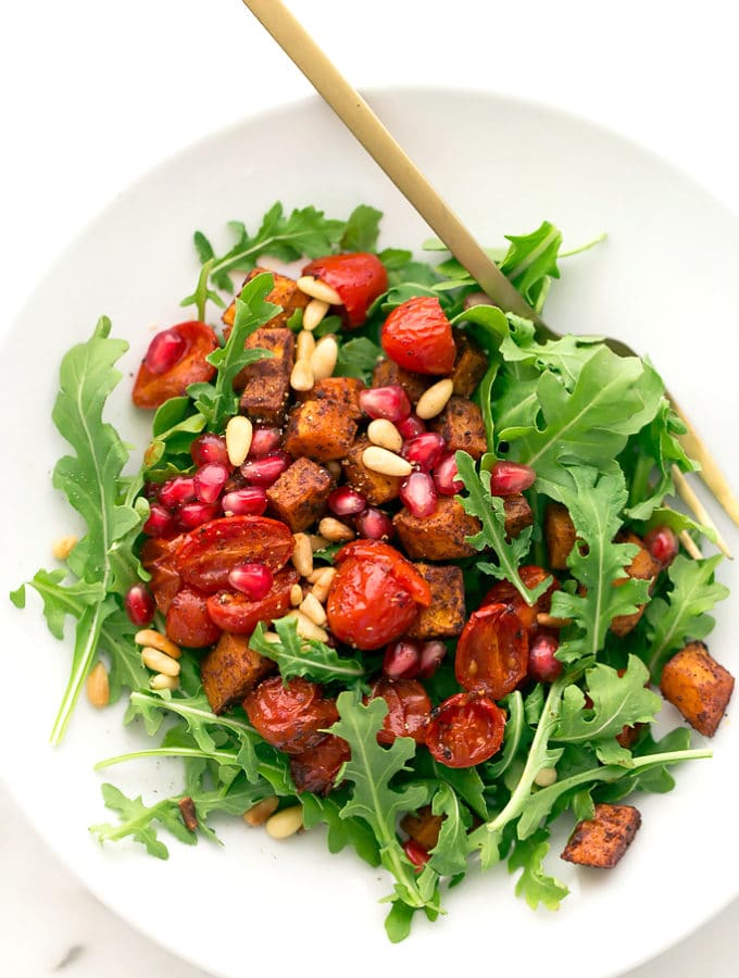 Roasted Butternut Squash, Tomato, and Arugula Salad with Cranberry-Orange Vinaigrette