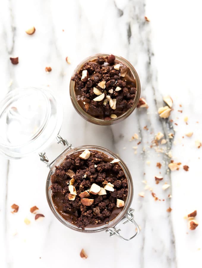 Vegan Nutella Dirt Cups | Chocolate-hazelnut pudding surrounding by layers of chocolaty crumble!