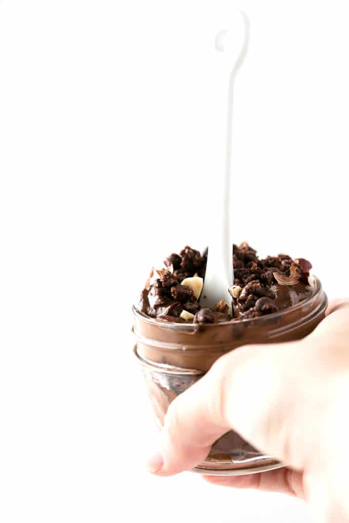 Vegan Nutella Dirt Cups | Chocolate-hazelnut pudding surrounding by layers of chocolaty crumble!