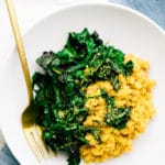 Vegan Parmesan Farro Risotto with Garlicky Greens