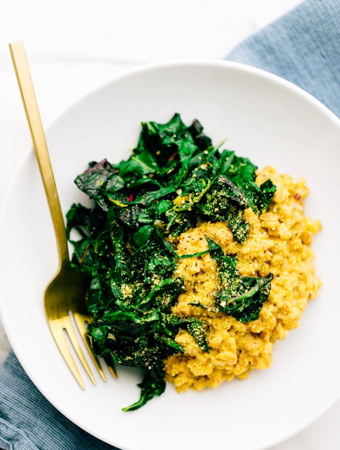 Vegan Parmesan Farro Risotto with Garlicky Greens