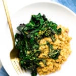 Vegan Parmesan Farro Risotto with Garlicky Greens