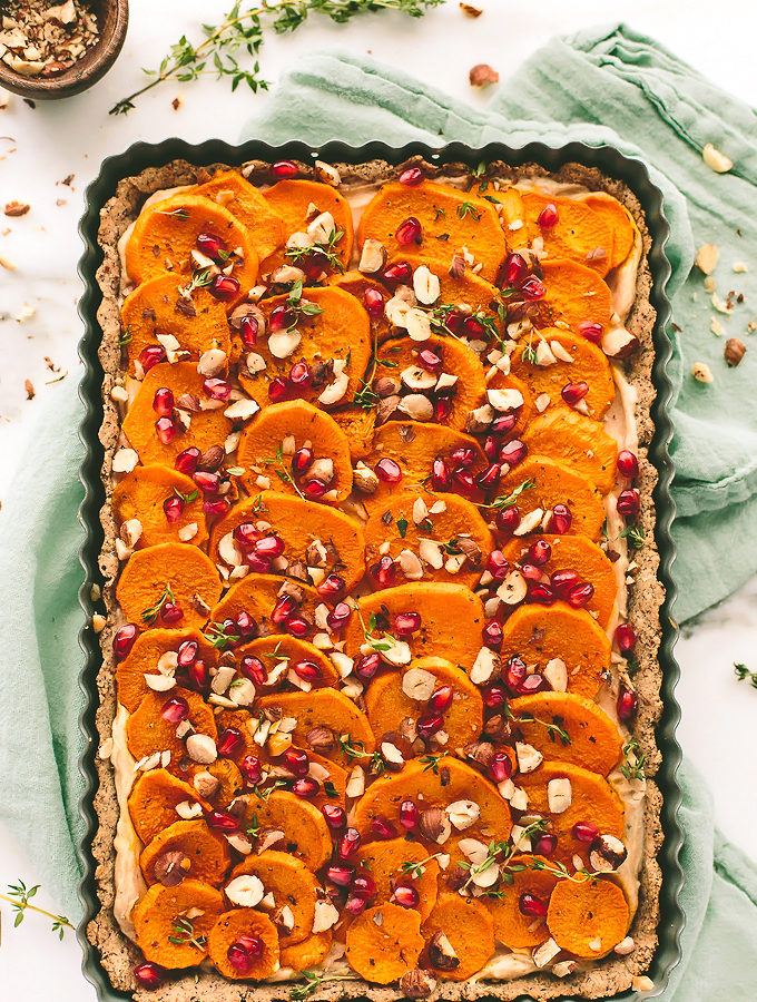 Savory Vegan Goat Cheese, Sweet Potato, and Hazelnut Holiday Tart