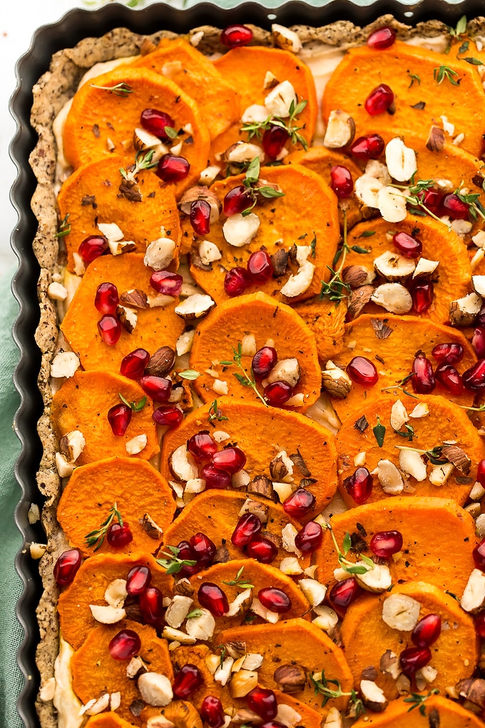 Savory Vegan Goat Cheese, Sweet Potato, and Hazelnut Holiday Tart