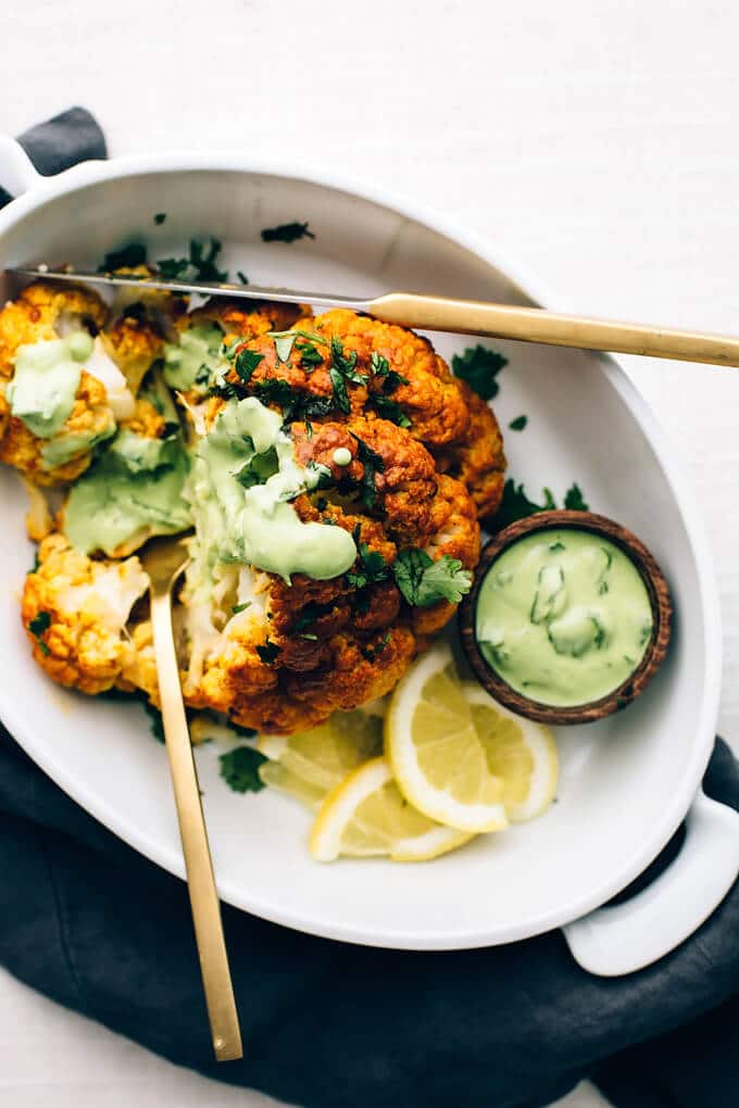 Tandoori Cauliflower Roast with Green Garlic-Cilantro Yogurt Sauce