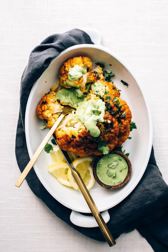 Tandoori Cauliflower Roast with Green Garlic-Cilantro Yogurt Sauce