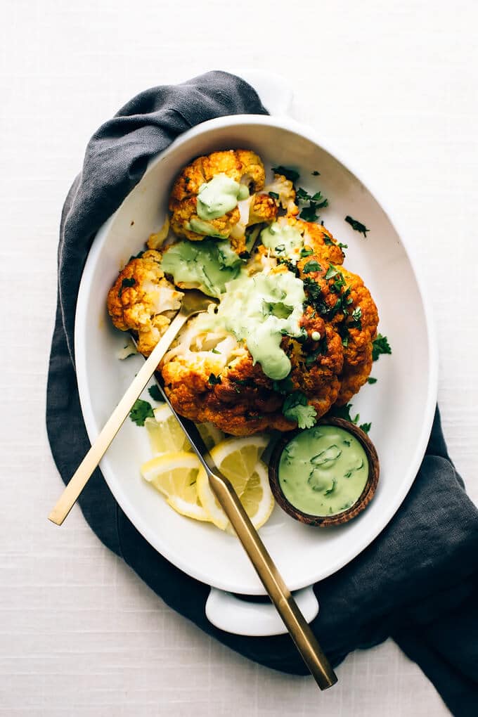 Tandoori Cauliflower Roast with Green Garlic-Cilantro Yogurt Sauce