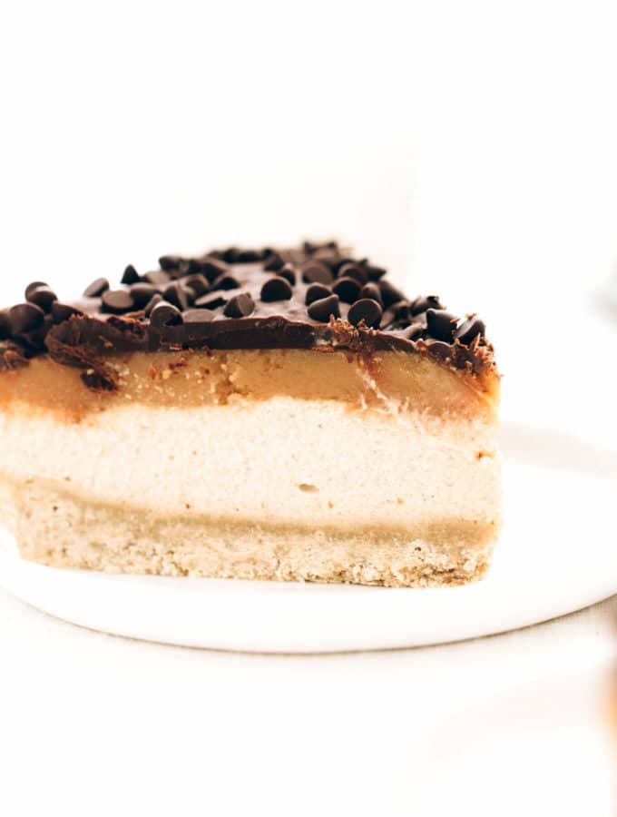 Vegan Peanut Butter Caramel Chocolate Cheesecake