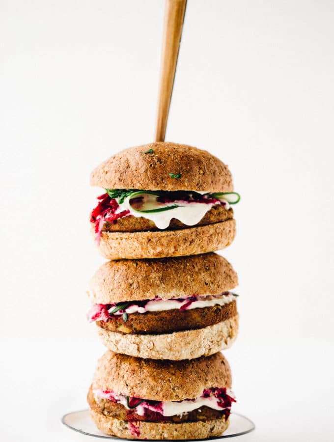 Vegan Power Burger with Beet Slaw + Horseradish Sauce