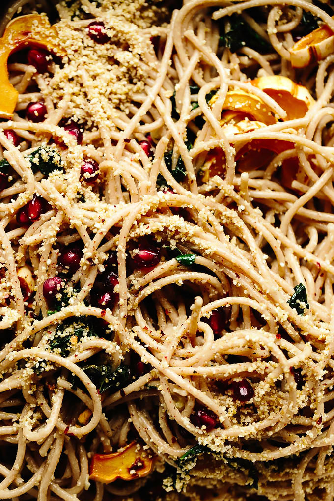 Vegan Spaghetti Aglio e Olio with Delicata Squash, Kale + Pomegranate 