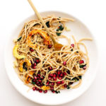 Vegan Spaghetti Aglio e Olio with Delicata Squash, Kale + Pomegranate