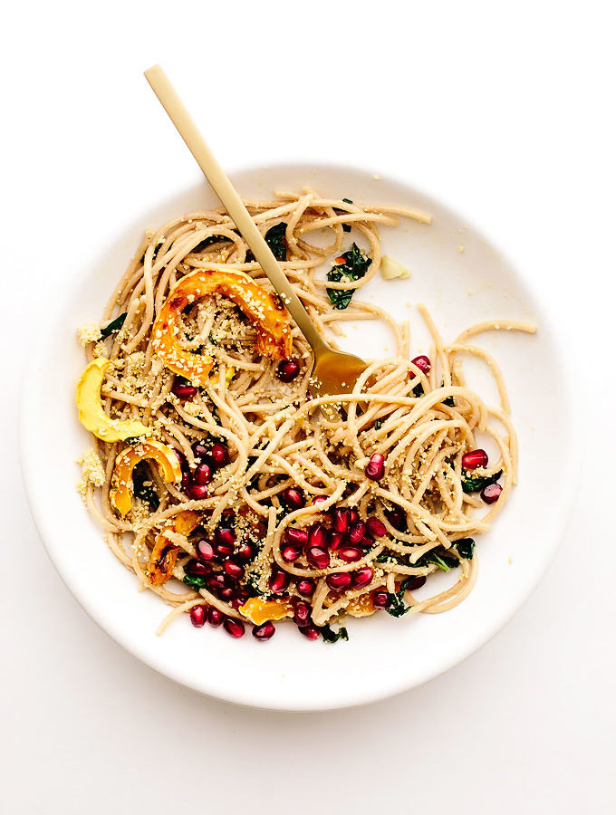 Vegan Spaghetti Aglio e Olio with Delicata Squash, Kale + Pomegranate