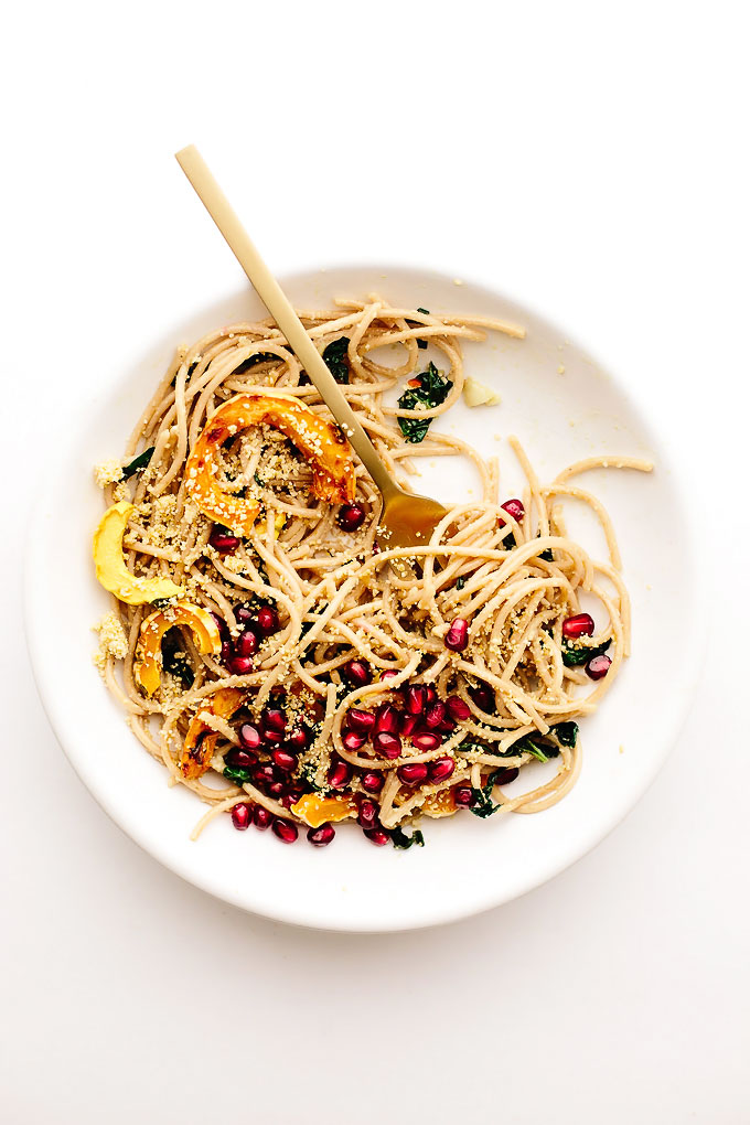 Vegan Spaghetti Aglio e Olio with Delicata Squash, Kale + Pomegranate