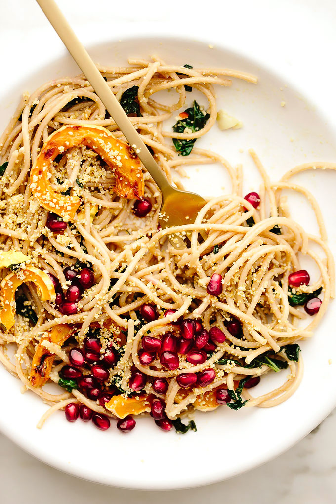 Vegan Spaghetti Aglio e Olio with Delicata Squash, Kale + Pomegranate 