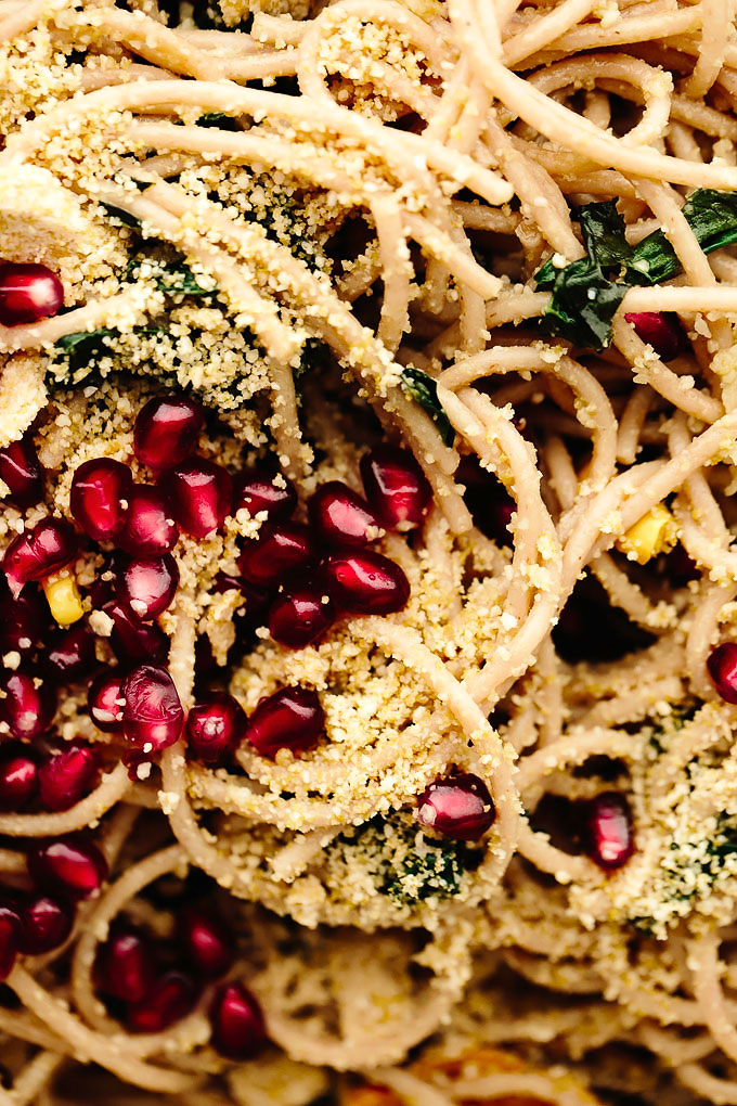 Vegan Spaghetti Aglio e Olio with Delicata Squash, Kale + Pomegranate 