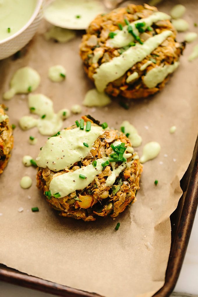 Vegan Potato Lentil Cakes with Chive Cream