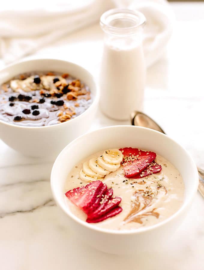 Vegan Protein Smoothie Bowl Two Ways: Banana Almond + Wild Blueberry