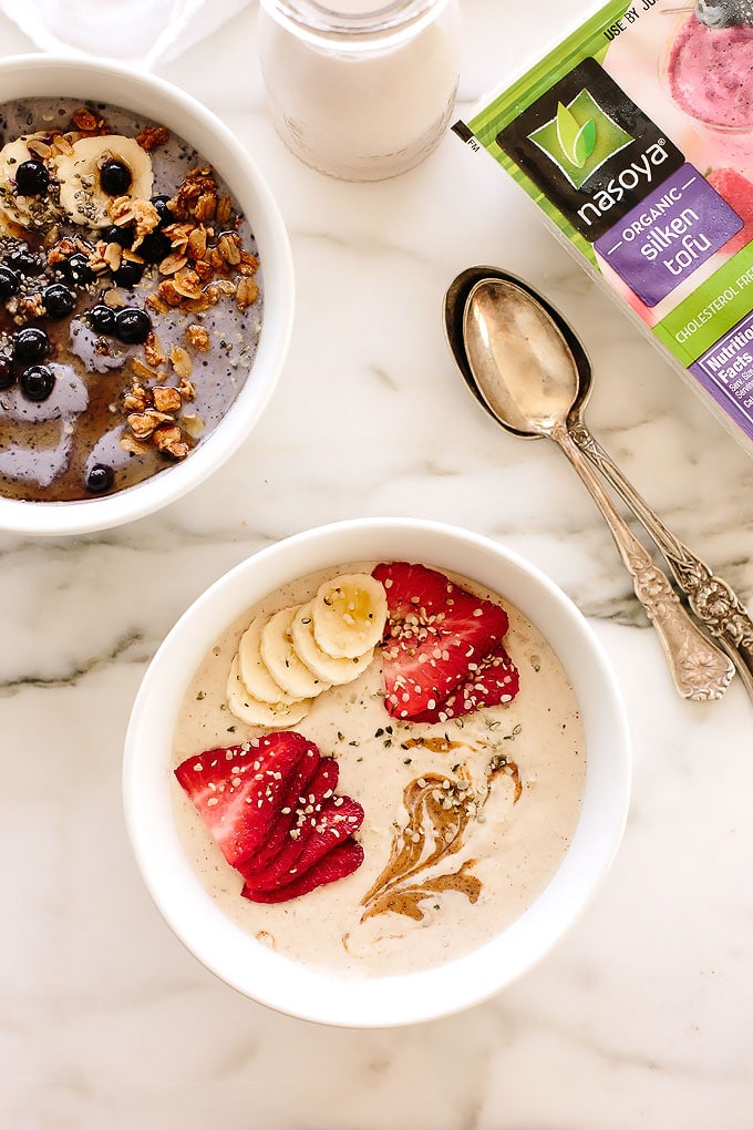 Vegan Protein Smoothie Bowl Two Ways: Banana Almond + Wild Blueberry