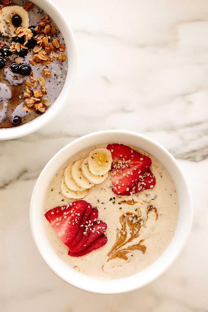 Vegan Protein Smoothie Bowl Two Ways: Banana Almond + Wild Blueberry