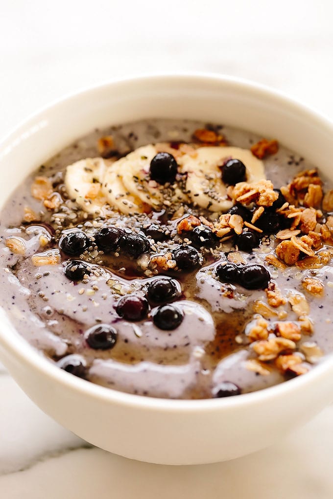 Vegan Protein Smoothie Bowl Two Ways: Banana Almond + Wild Blueberry