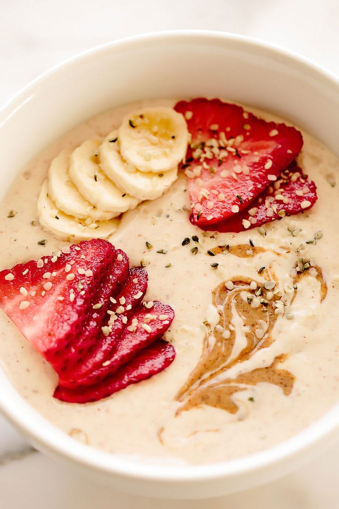 Vegan Protein Smoothie Bowl Two Ways: Banana Almond + Wild Blueberry