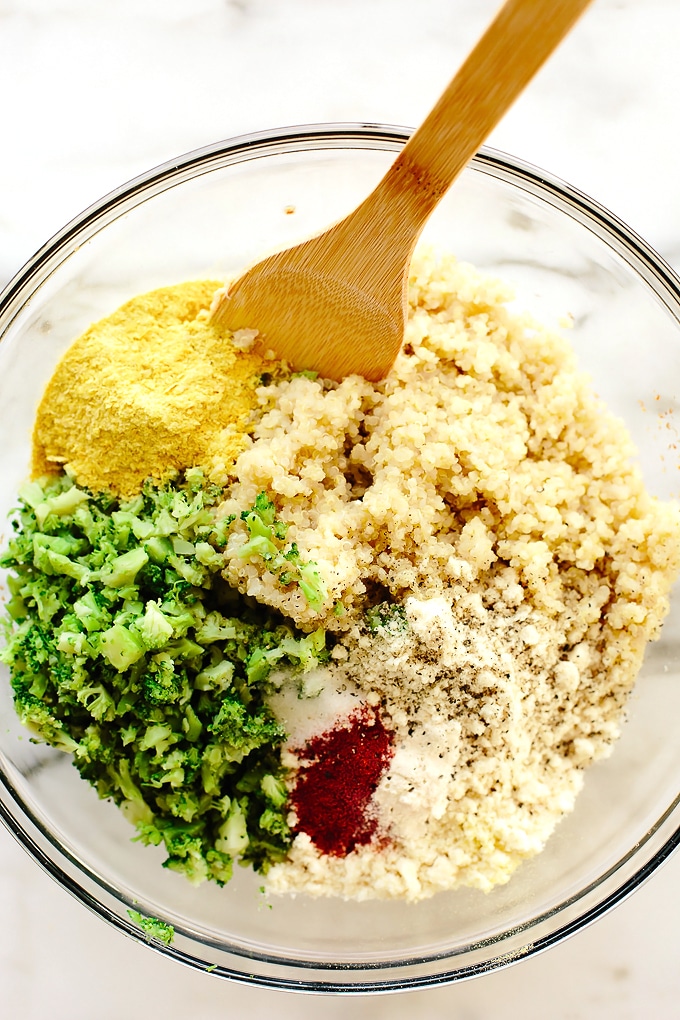 Vegan Cheesy Broccoli Quinoa Bites with Sriracha Aioli