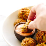 Vegan Cheesy Broccoli Quinoa Bites with Sriracha Aioli