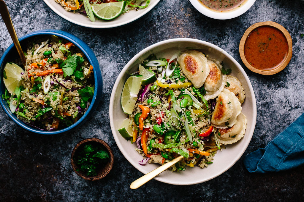 Quinoa Rainbow Veggie Dumpling Bowls