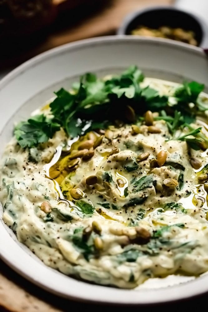 Vegan Cauliflower Cashew Spinach Artichoke Dip with Vegetables