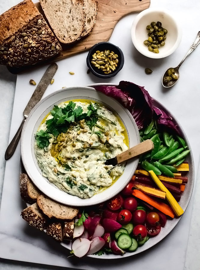 Vegan Cauliflower Cashew Spinach Artichoke Dip