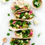 Shredded Vegan Brussels Sprout Tacos Pickled Onions Avocado Sriracha Sauce