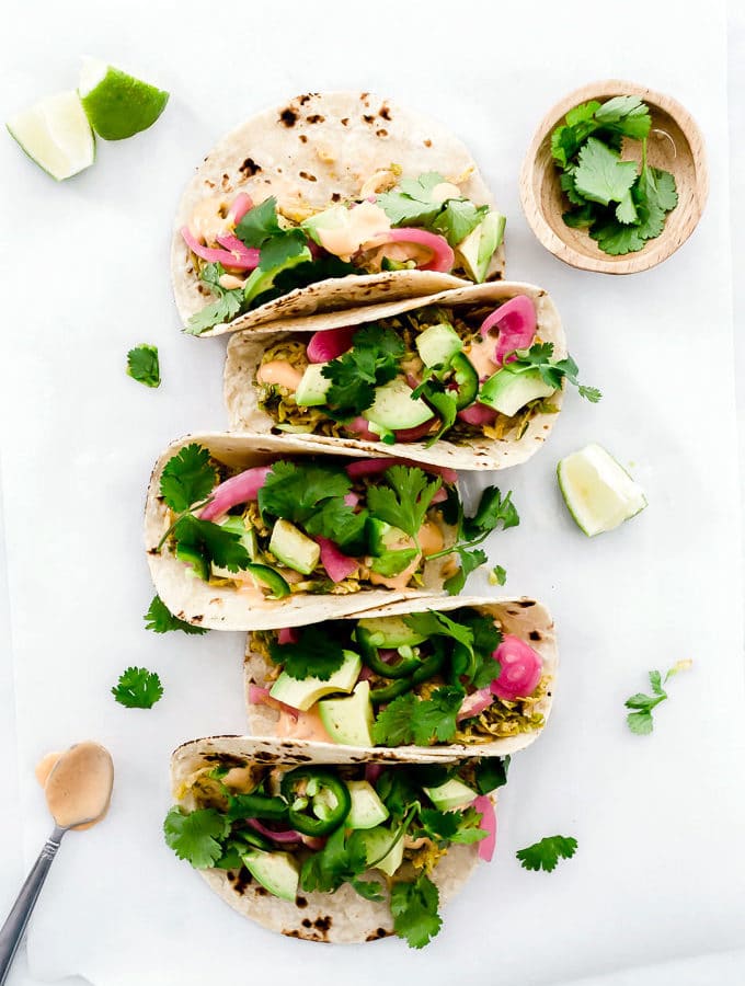 Shredded Vegan Brussels Sprout Tacos Pickled Onions Avocado Sriracha Sauce