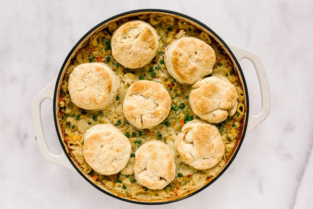 Vegan Cauliflower Pot Pie with Biscuits After Baking