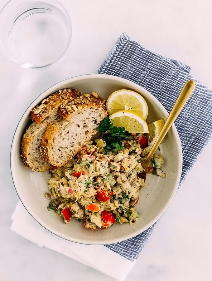 Shawarma Spiced Mashed Chickpea Artichoke Salad